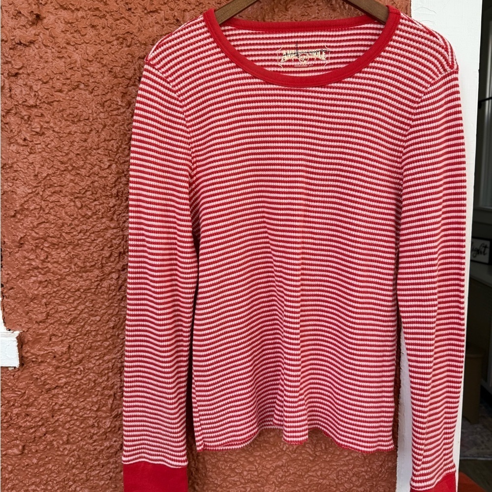 American Eagle Red/Orange & White Striped Long Sleeve Shirt Size Large